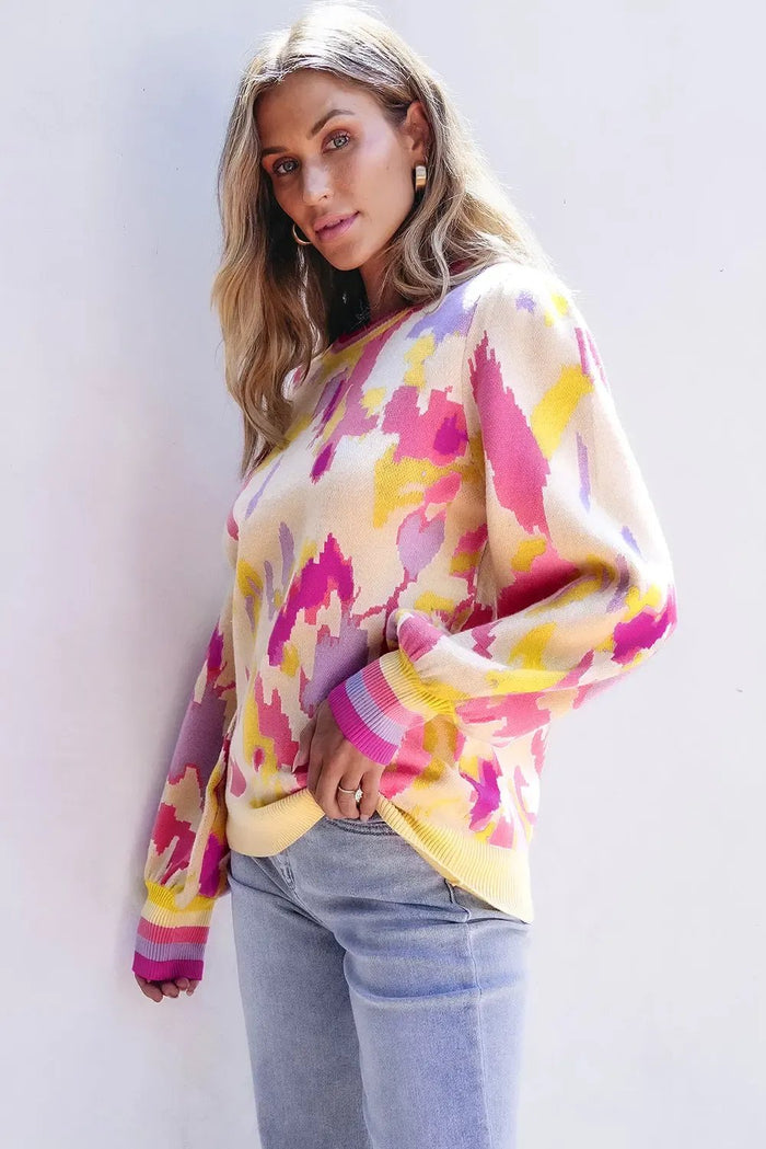Shop Khaki Abstract Print Colorblock Balloon Sleeve Sweater at eAura
