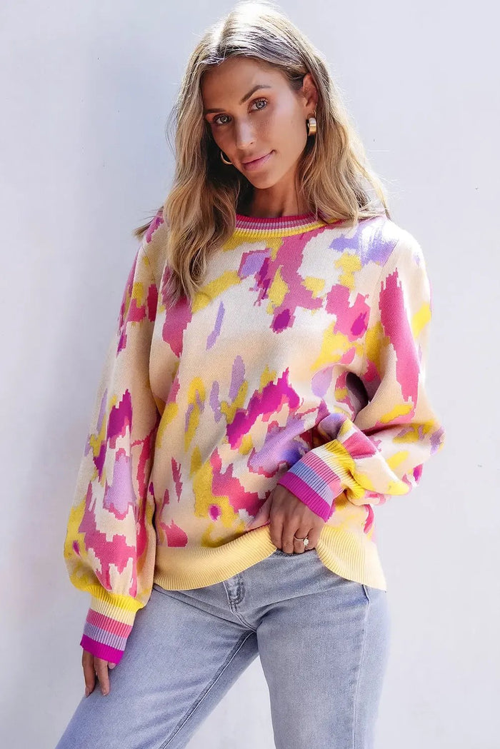Shop Khaki Abstract Print Colorblock Balloon Sleeve Sweater at eAura