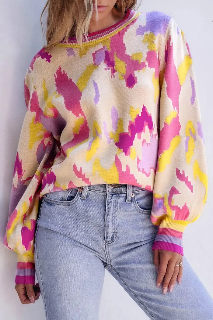 Shop Khaki Abstract Print Colorblock Balloon Sleeve Sweater at eAura