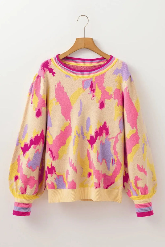 Shop Khaki Abstract Print Colorblock Balloon Sleeve Sweater at eAura