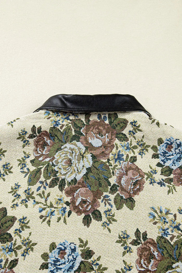Khaki Floral Print Zip Up Contrast Collared Jacket - Outerwear/Jackets