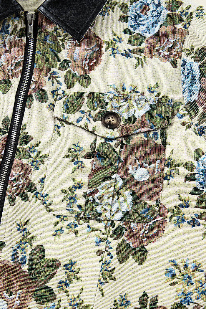 Khaki Floral Print Zip Up Contrast Collared Jacket - Outerwear/Jackets