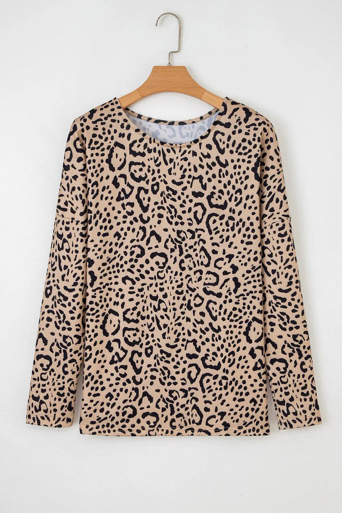 Khaki Leopard Print Long Batwing Sleeve Loose Top - Tops/Long Tops