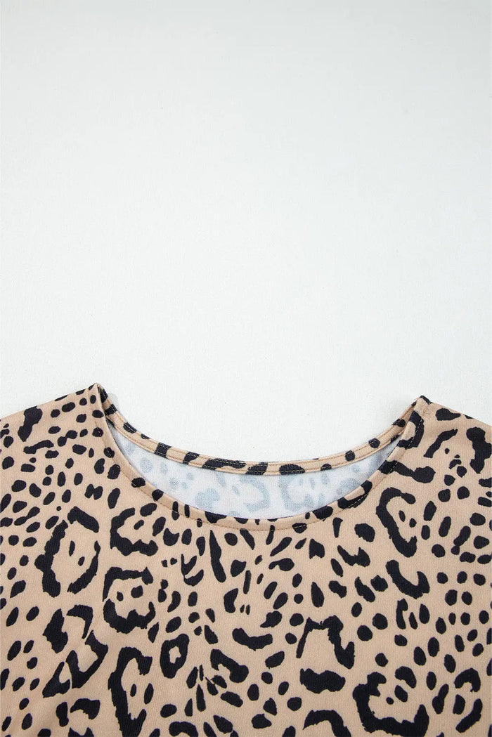 Khaki Leopard Print Long Batwing Sleeve Loose Top - Tops/Long Tops