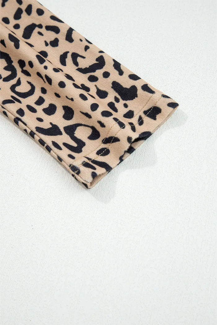 Khaki Leopard Print Long Batwing Sleeve Loose Top - Tops/Long Tops