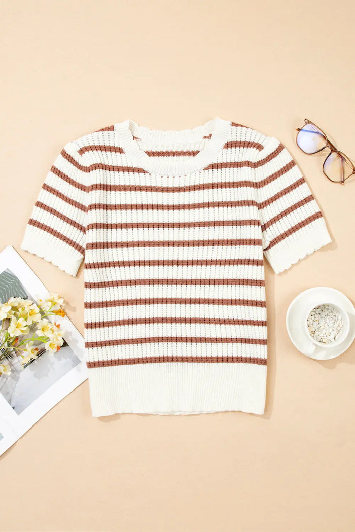 Khaki Stripe Scalloped Round Neck Short Sleeve Sweater - Sweaters & Cardigans/Short