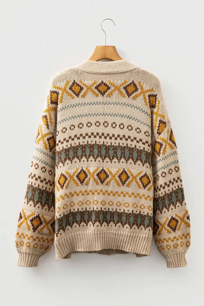 Khaki Western Pattern Knit Button V-Neck Cardigan - Sweaters & Cardigans/Cardigans