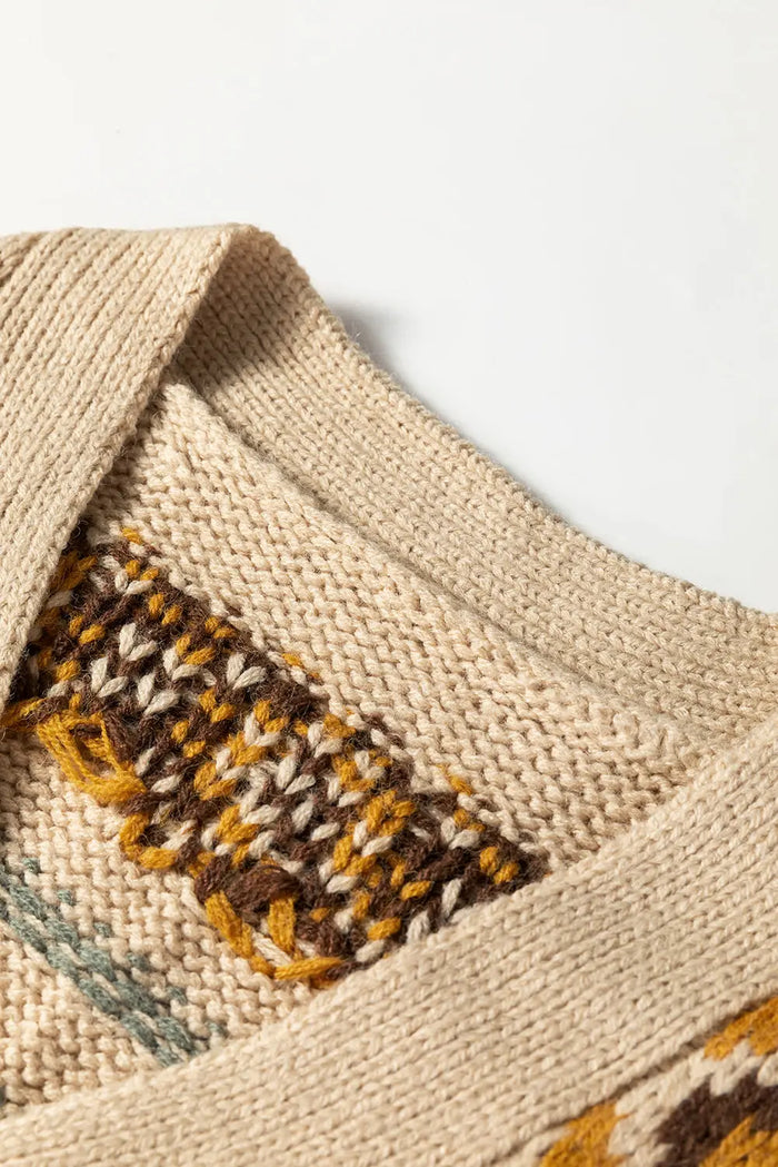 Khaki Western Pattern Knit Button V-Neck Cardigan - Sweaters & Cardigans/Cardigans