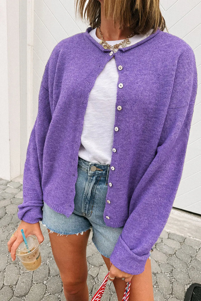 Knit Button Drop Shoulder Sweater Cardigan - Purple / S / 65% Acrylic + 35% Polyamide - Sweaters & Cardigans/Cardigans