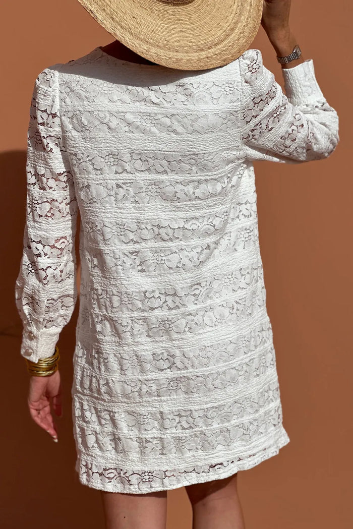 Lace Crochet Round Neck Puff Sleeve Shift Mini Dress - Dresses/Mini Dresses
