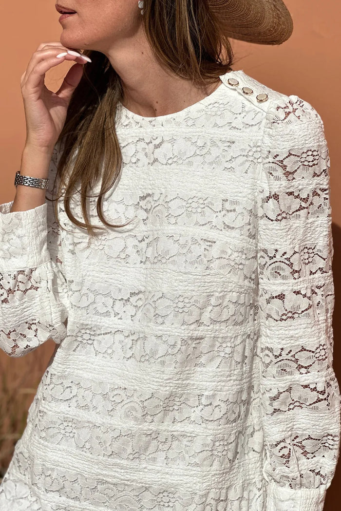 Lace Crochet Round Neck Puff Sleeve Shift Mini Dress - Dresses/Mini Dresses