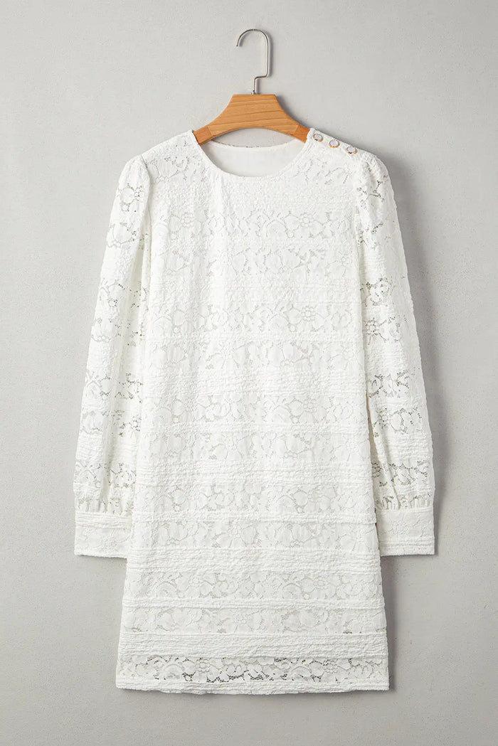 Lace Crochet Round Neck Puff Sleeve Shift Mini Dress - Dresses/Mini Dresses