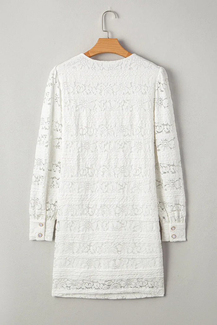 Lace Crochet Round Neck Puff Sleeve Shift Mini Dress - Dresses/Mini Dresses