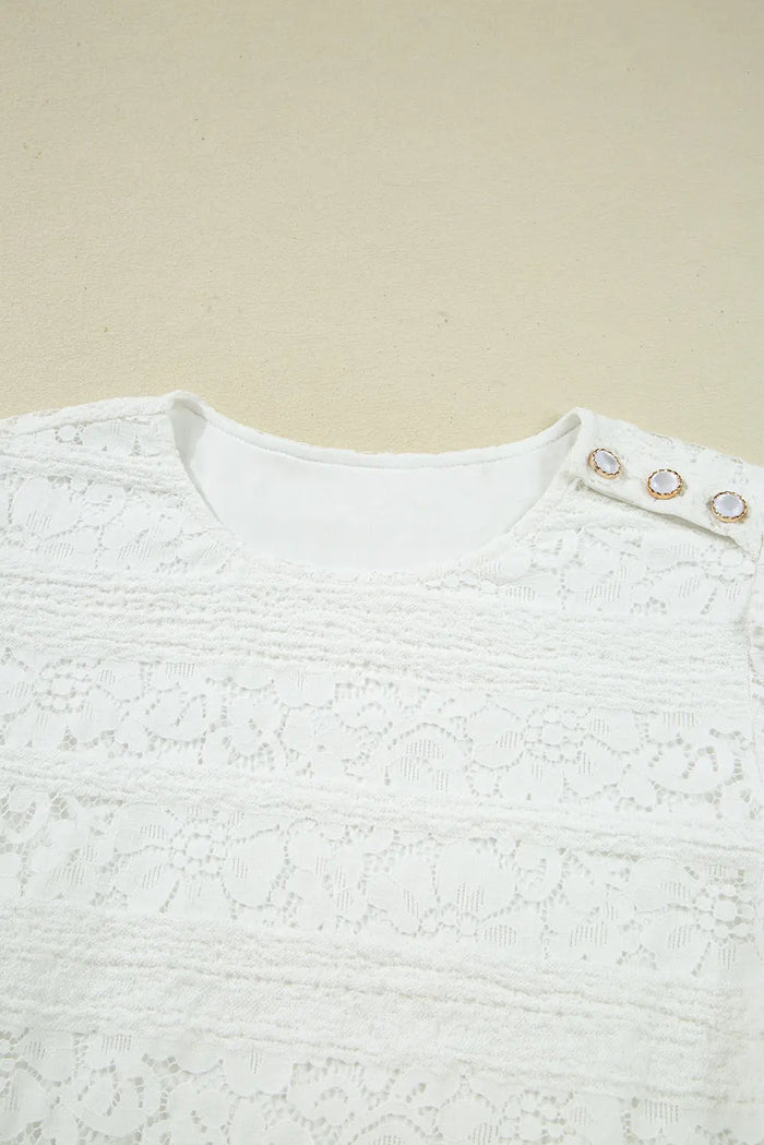 Lace Crochet Round Neck Puff Sleeve Shift Mini Dress - Dresses/Mini Dresses