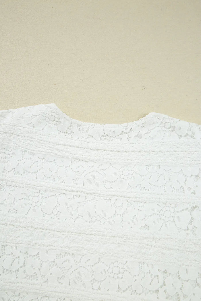 Lace Crochet Round Neck Puff Sleeve Shift Mini Dress - Dresses/Mini Dresses