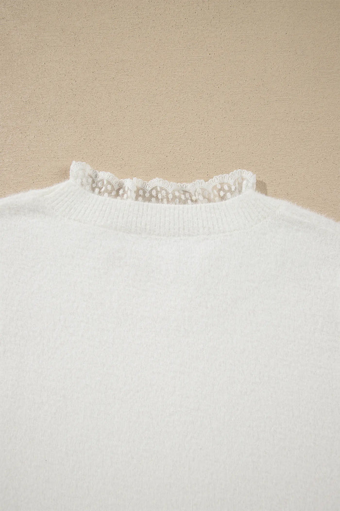 Lace Trim Neck Cuff Patchwork Long Sleeve Pullover Sweater – White