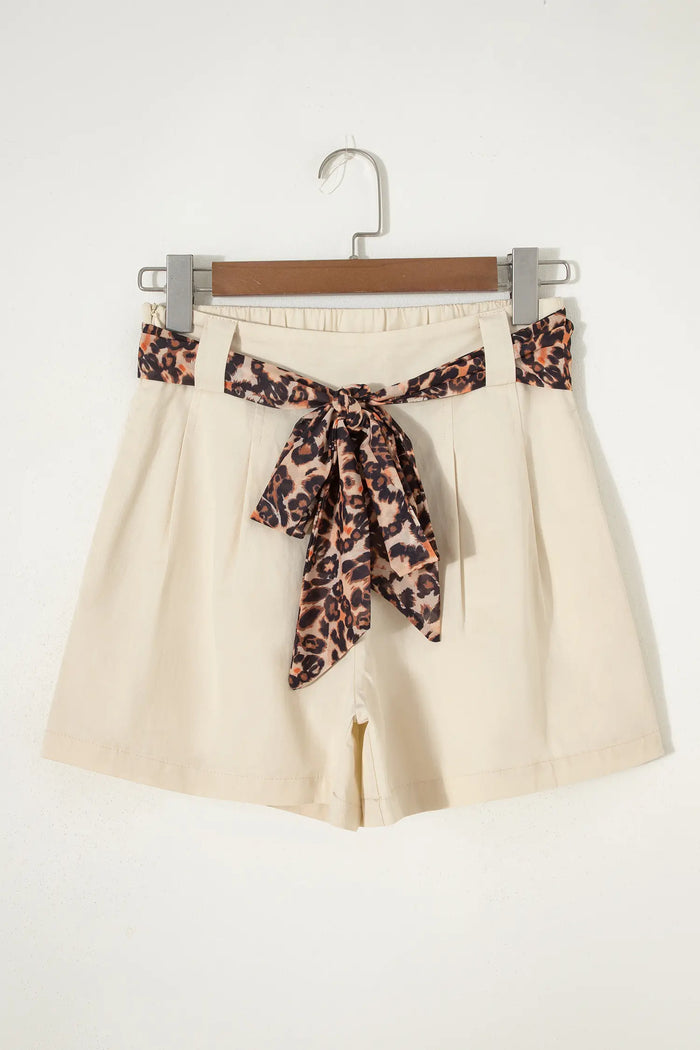 Leopard Contrast Sash Belt Pleated Wide Leg Shorts