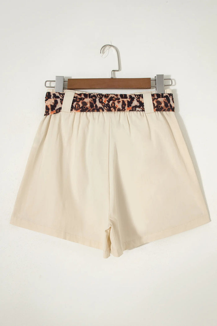 Leopard Contrast Sash Belt Pleated Wide Leg Shorts