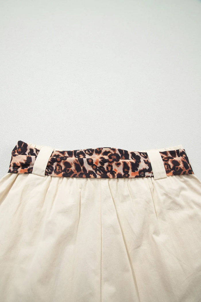 Leopard Contrast Sash Belt Pleated Wide Leg Shorts