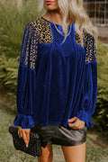 Leopard Patchwork Shoulder Flounce Sleeve Velvet Blouse - Blue / S - Occasionwear/party tops