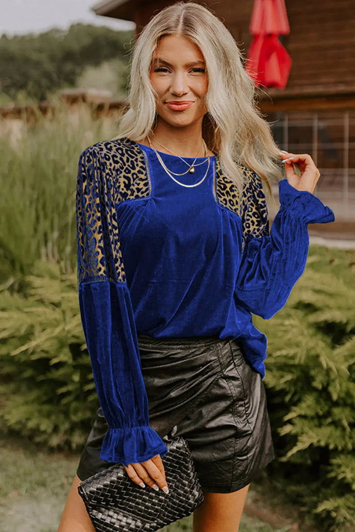 Leopard Patchwork Shoulder Flounce Sleeve Velvet Blouse - Occasionwear/party tops