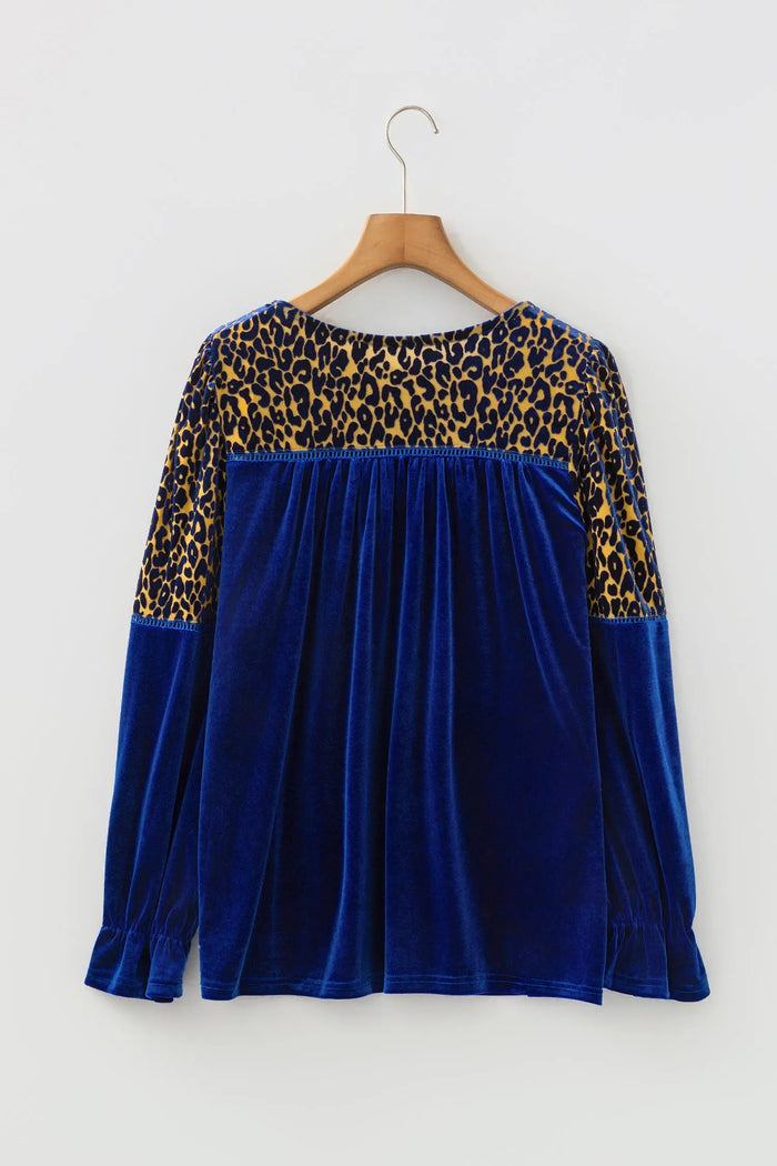 Leopard Patchwork Shoulder Flounce Sleeve Velvet Blouse - Occasionwear/party tops