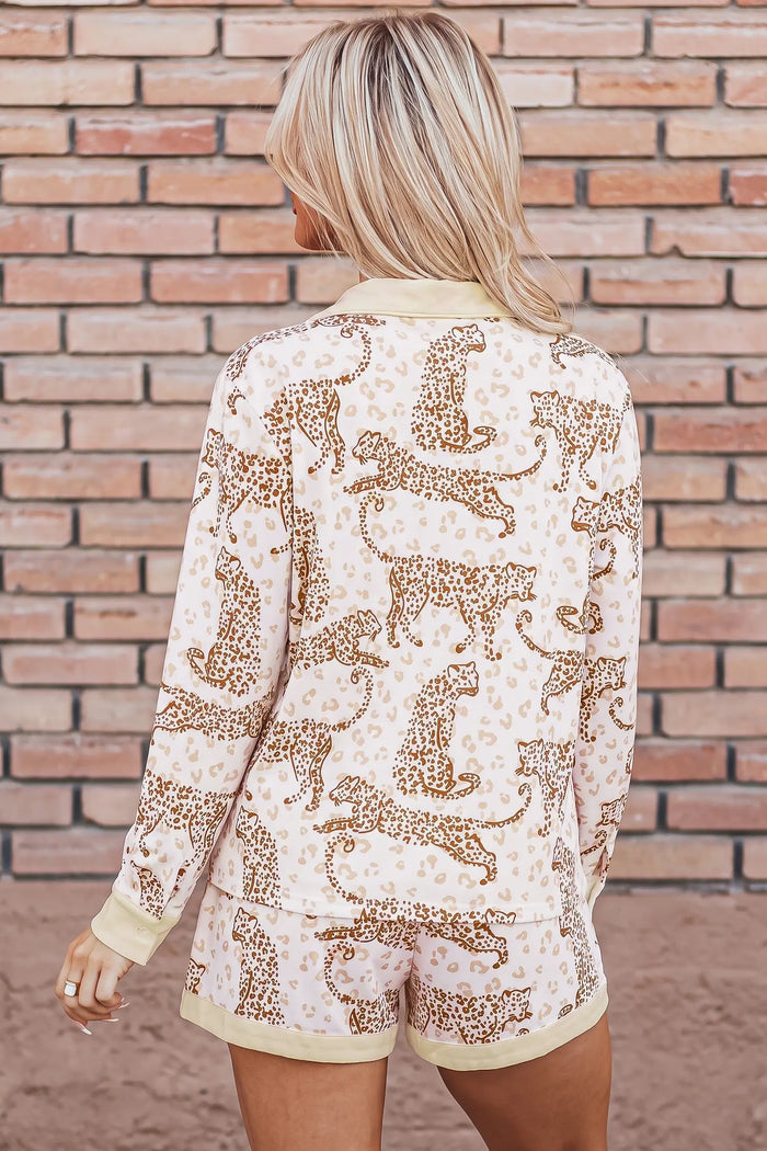 Leopard Print Colorblock Pocket Placket Long Sleeve Lounge Set – Yellow