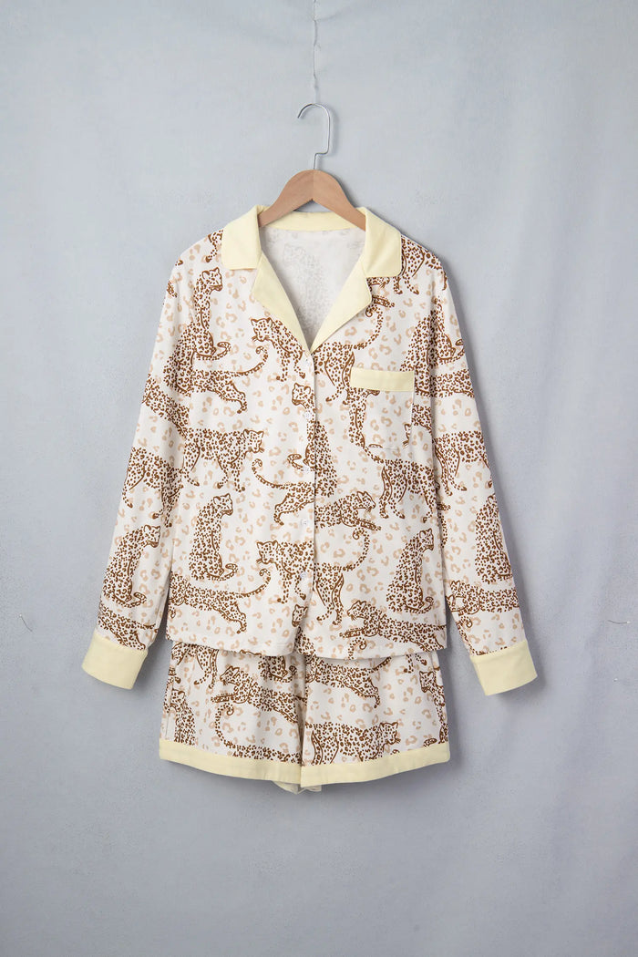 Leopard Print Colorblock Pocket Placket Long Sleeve Lounge Set – Yellow