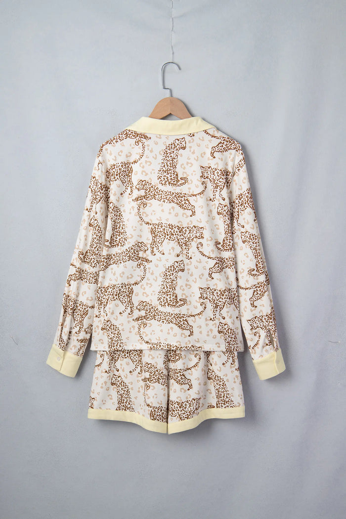 Leopard Print Colorblock Pocket Placket Long Sleeve Lounge Set – Yellow