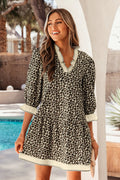 Leopard Print Colour Block Trim V-Neck Bracelet Sleeve Mini Dress