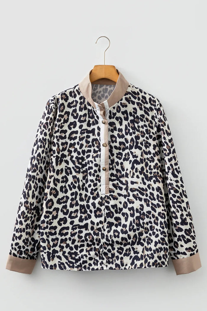 Leopard Print Contrast Patchwork Cuffs Button Collared Top - Tops/Blouses & Shirts