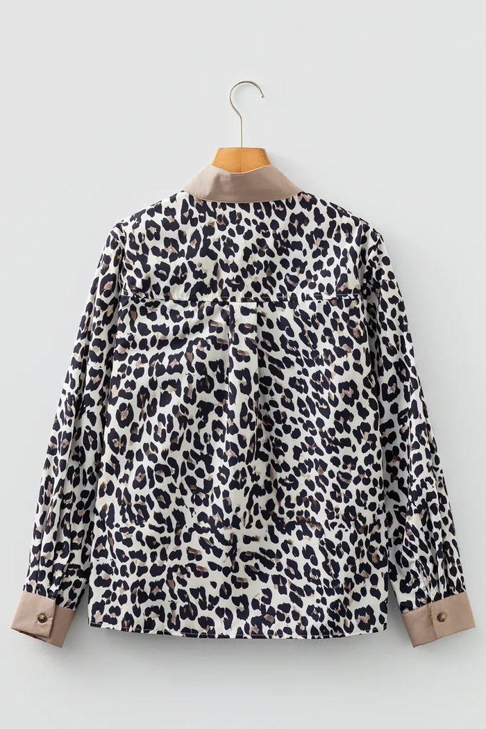 Leopard Print Contrast Patchwork Cuffs Button Collared Top - Tops/Blouses & Shirts