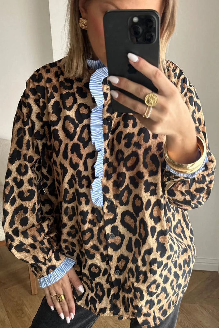Leopard Print Contrast Striped Frilled Trim Chic Shirt - Tops/Blouses & Shirts