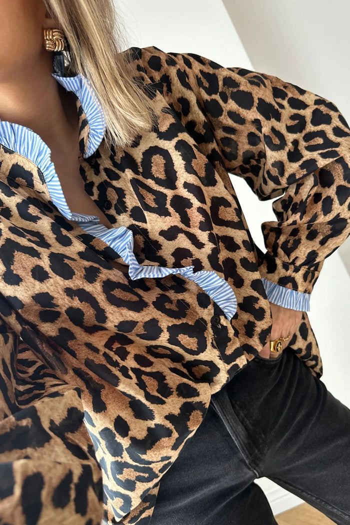 Leopard Print Contrast Striped Frilled Trim Chic Shirt - Tops/Blouses & Shirts