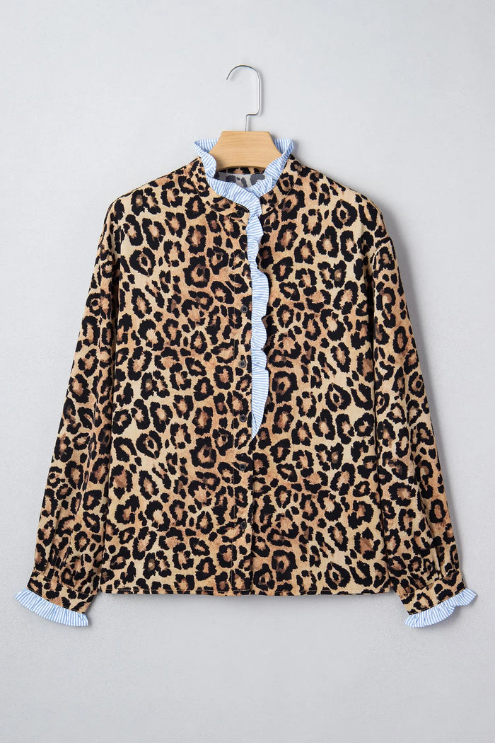 Leopard Print Contrast Striped Frilled Trim Chic Shirt - Tops/Blouses & Shirts