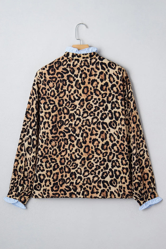 Leopard Print Contrast Striped Frilled Trim Chic Shirt - Tops/Blouses & Shirts
