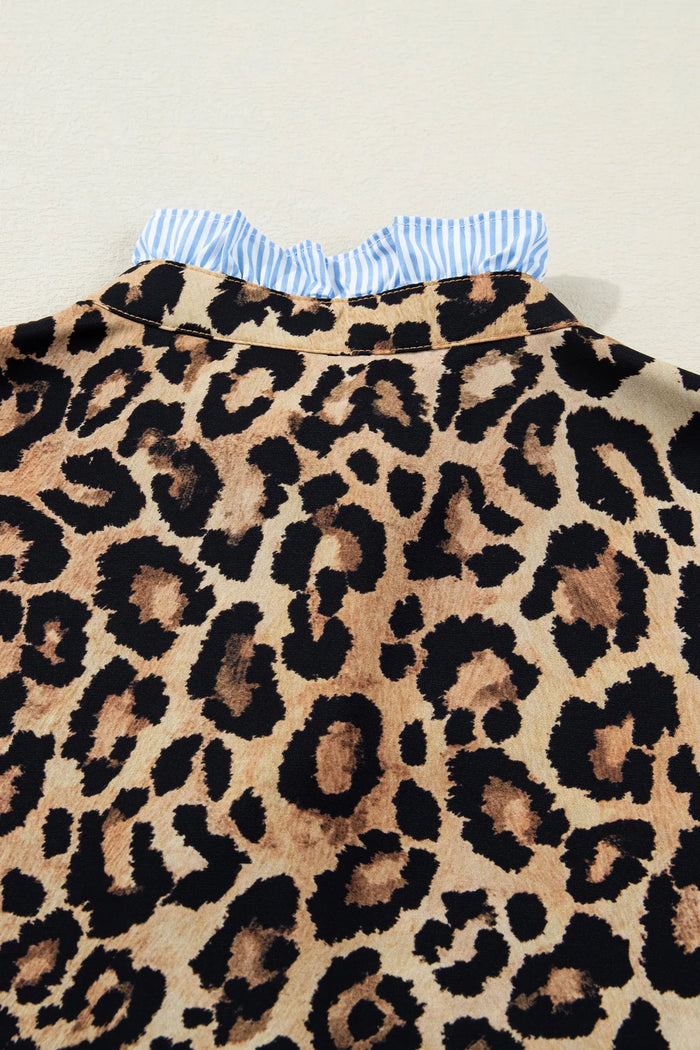 Leopard Print Contrast Striped Frilled Trim Chic Shirt - Tops/Blouses & Shirts