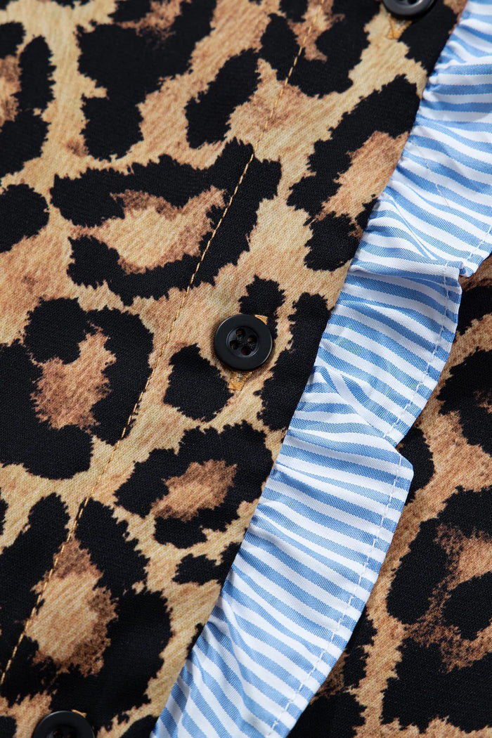 Leopard Print Contrast Striped Frilled Trim Chic Shirt - Tops/Blouses & Shirts