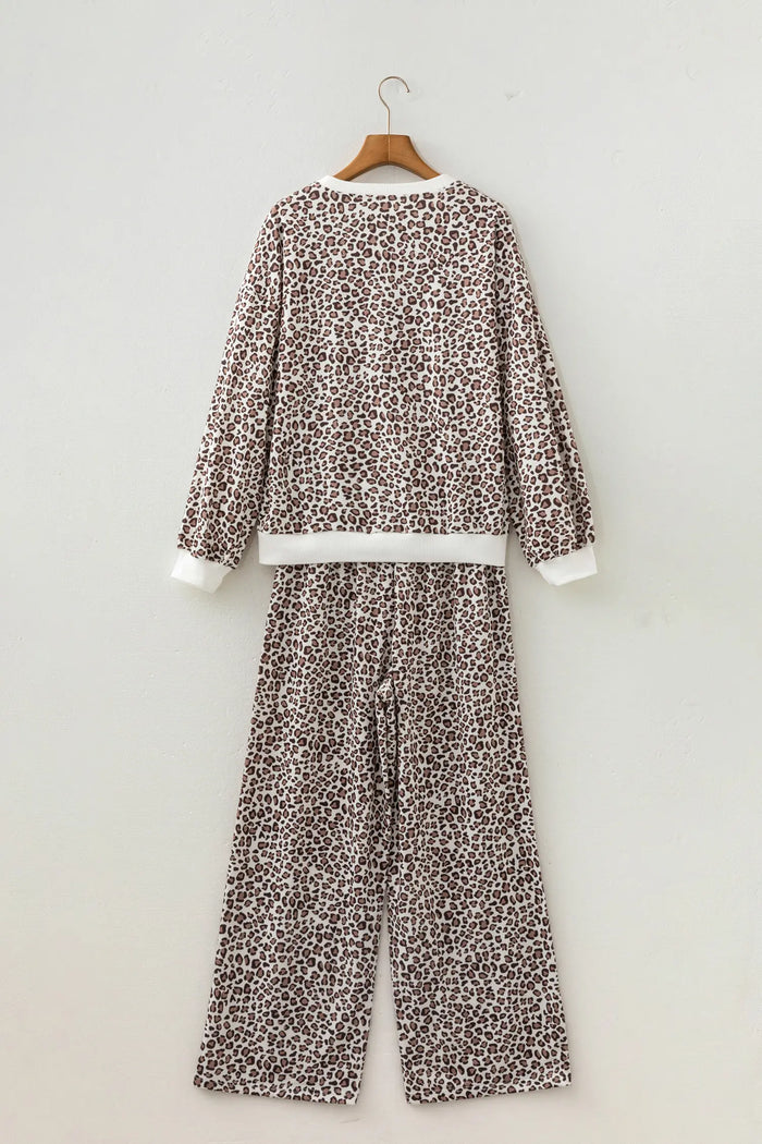 Leopard Print Embroidery Colorblock Details Pant Set – Khaki