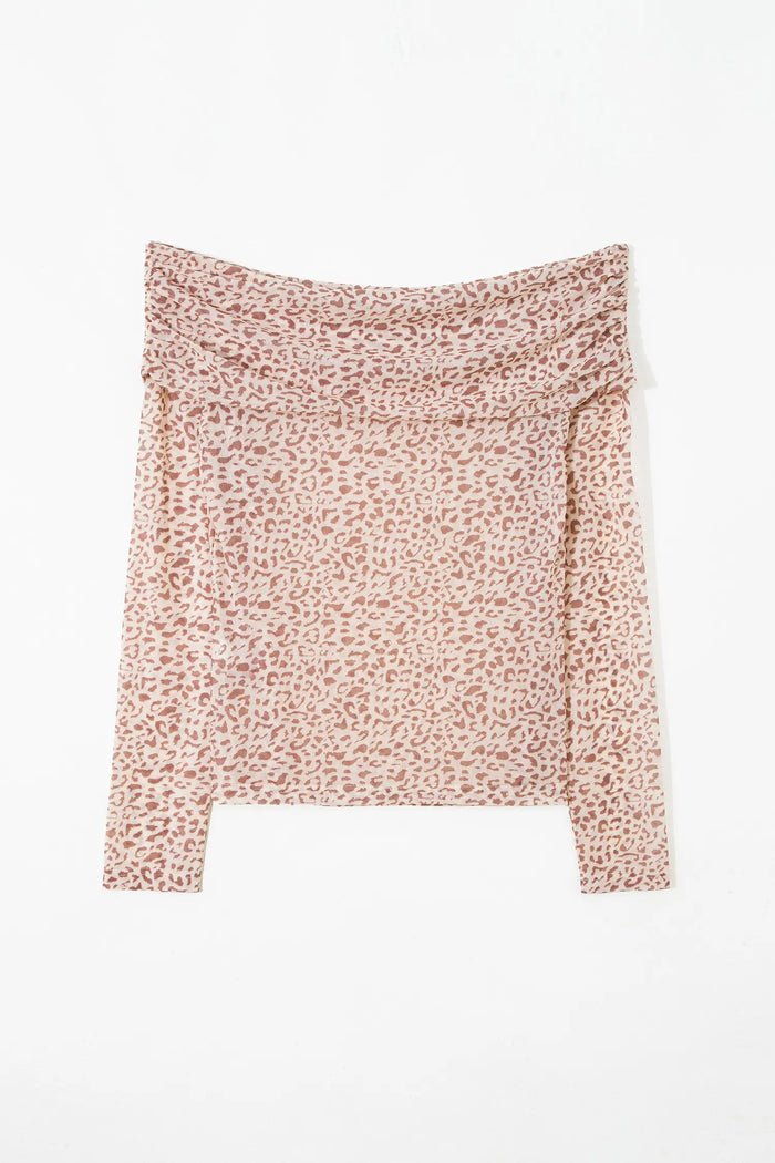 Leopard Print Foldover Off Shoulder Long Sleeve Mesh Top – Brown