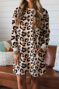 Leopard Print Long Sleeve Shift T-Shirt Dress with Pockets