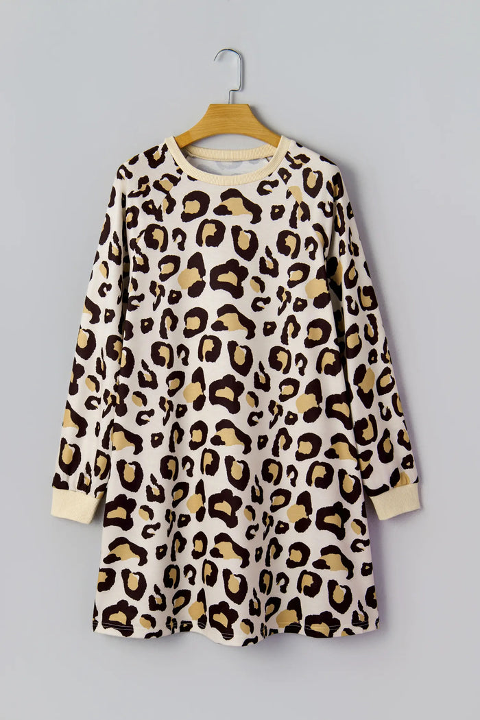 Leopard Print Long Sleeve Shift T-Shirt Dress with Pockets