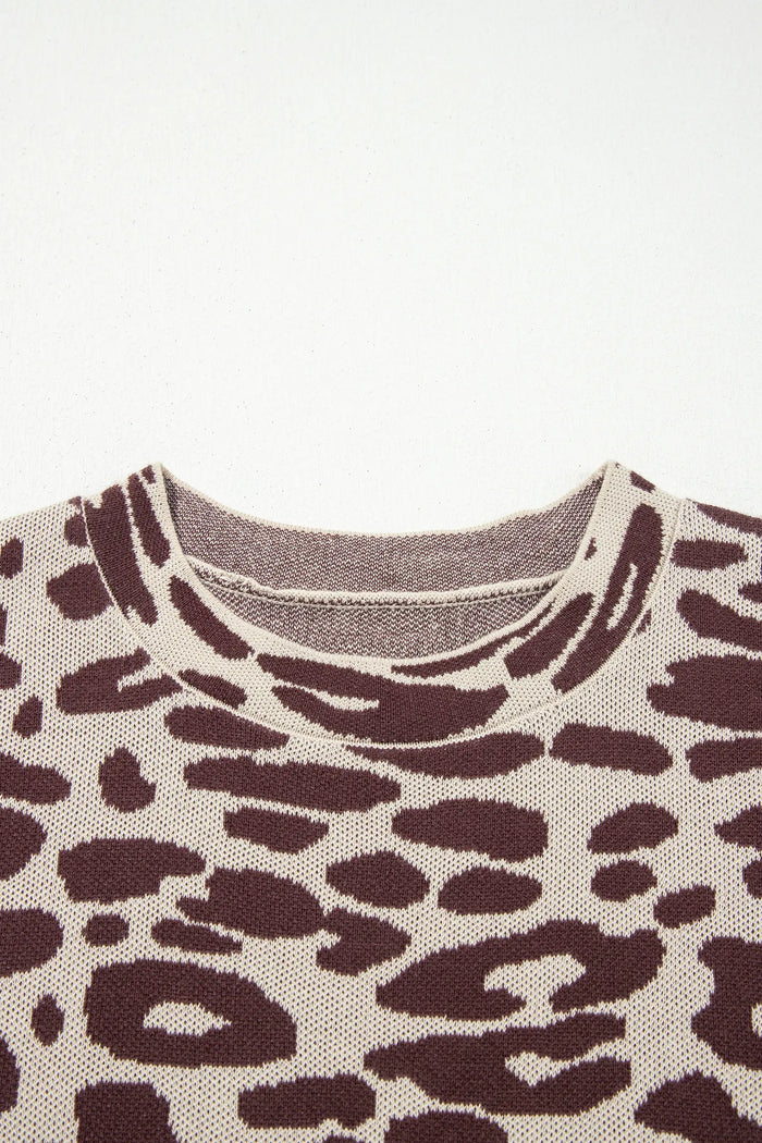 Leopard Print Short Sleeve Knit Loose Pullover Sweater – Khaki
