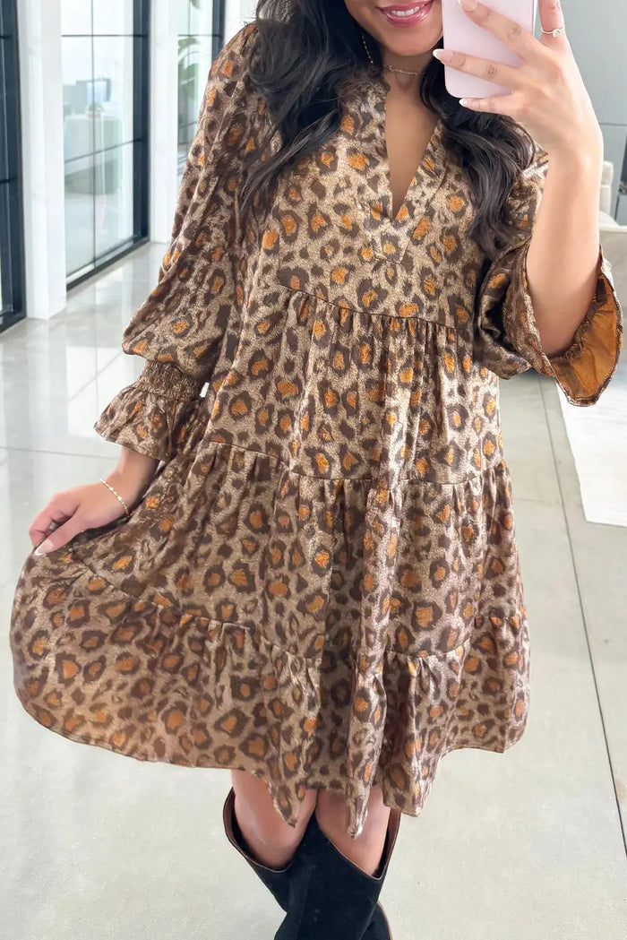 Leopard Print V-Neck Ruffled Sleeve Tiered Loose Mini Dress - Brown / S - Dresses/Mini Dresses