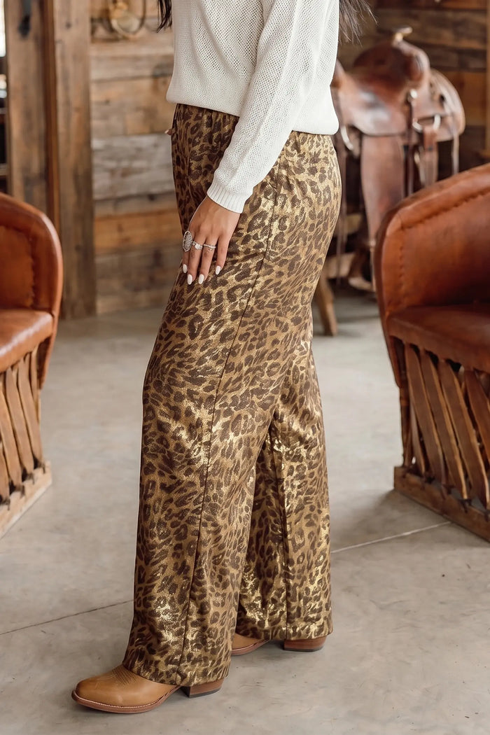 Leopard Print Western Style Wide Leg Full Length Pants – Multicolour