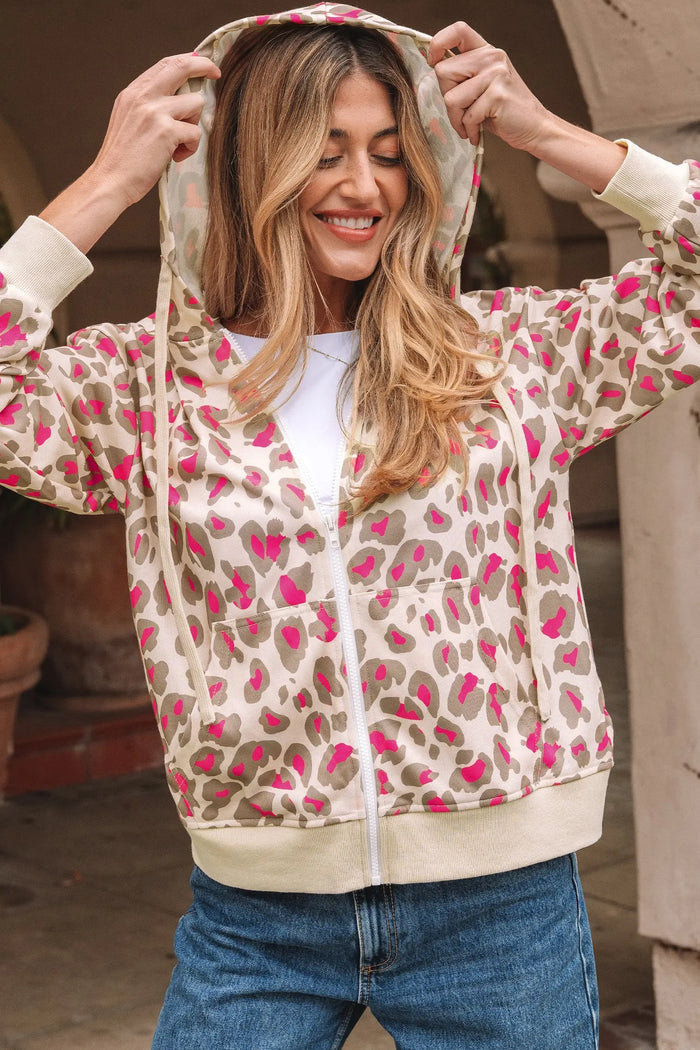 Leopard Print Zip-up Hooded Sweatshirt - Tops/Sweatshirts & Hoodies