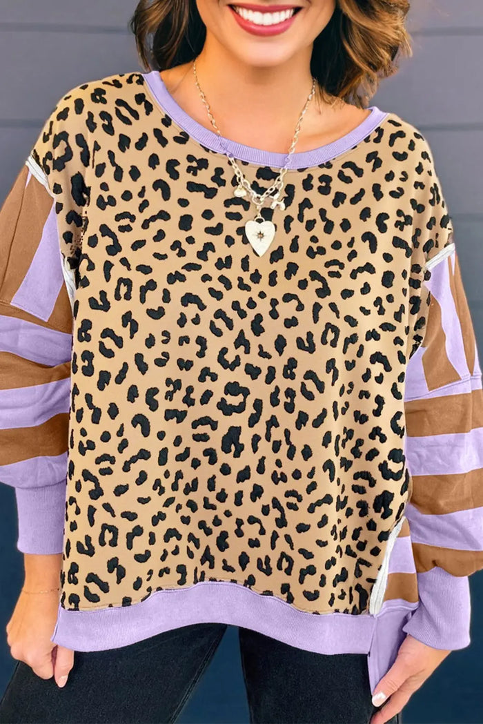 Leopard Striped Patchwork Plus Size Loose Sweatshirt - Purple / 1X - Size/Plus Sweatshirts & Hoodies