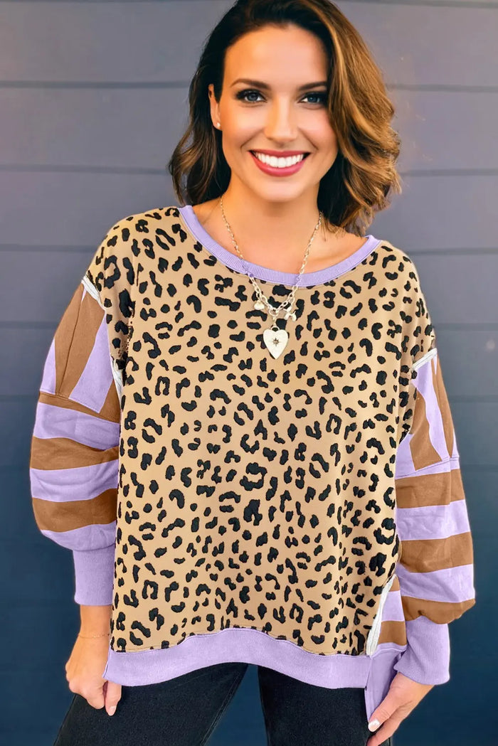 Leopard Striped Patchwork Plus Size Loose Sweatshirt - Size/Plus Sweatshirts & Hoodies