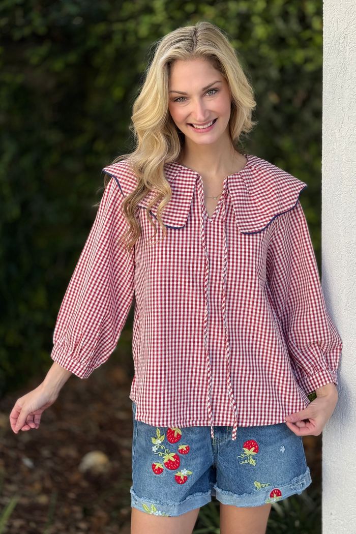 Red gingham peasant top with wide collar front view
