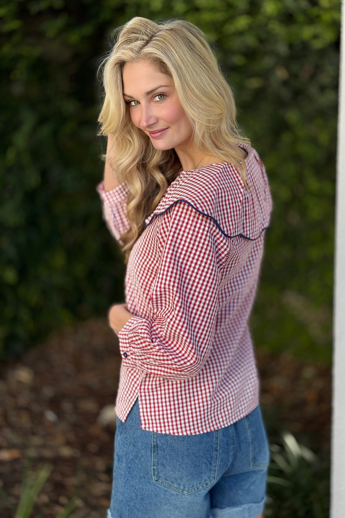 3/4 sleeve red and white gingham boutique top